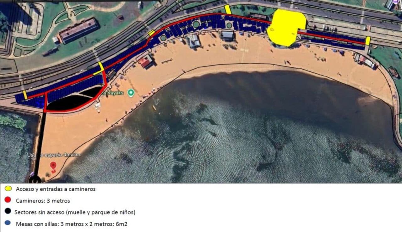 Plano del sector habilitado para mesas en Playa San José, con áreas que permanecerán librespara circulación.