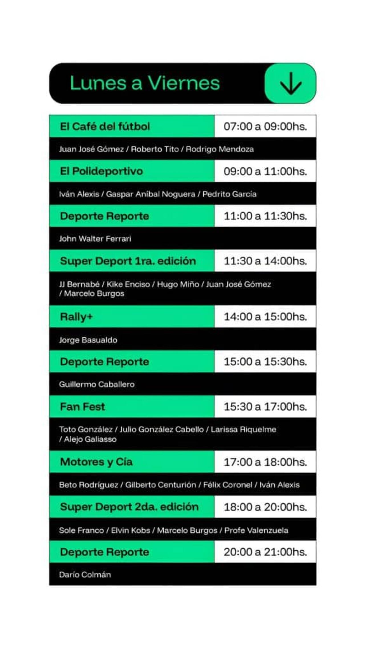 Grilla de programas en la semana de estreno de la radio.