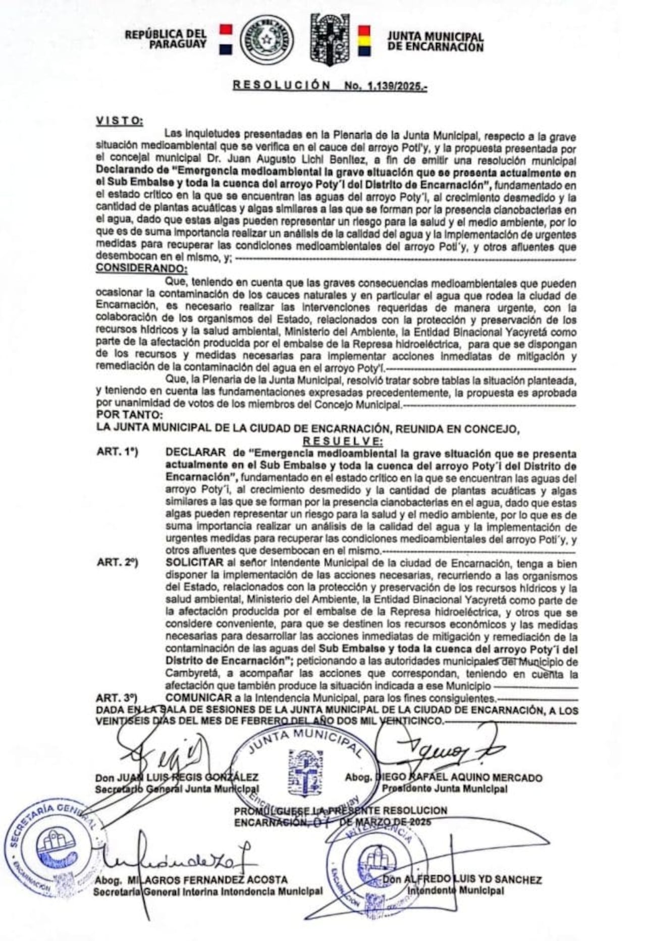 La Comuna encarnacena declaró emergencia ambiental el arroyo Potï’y.