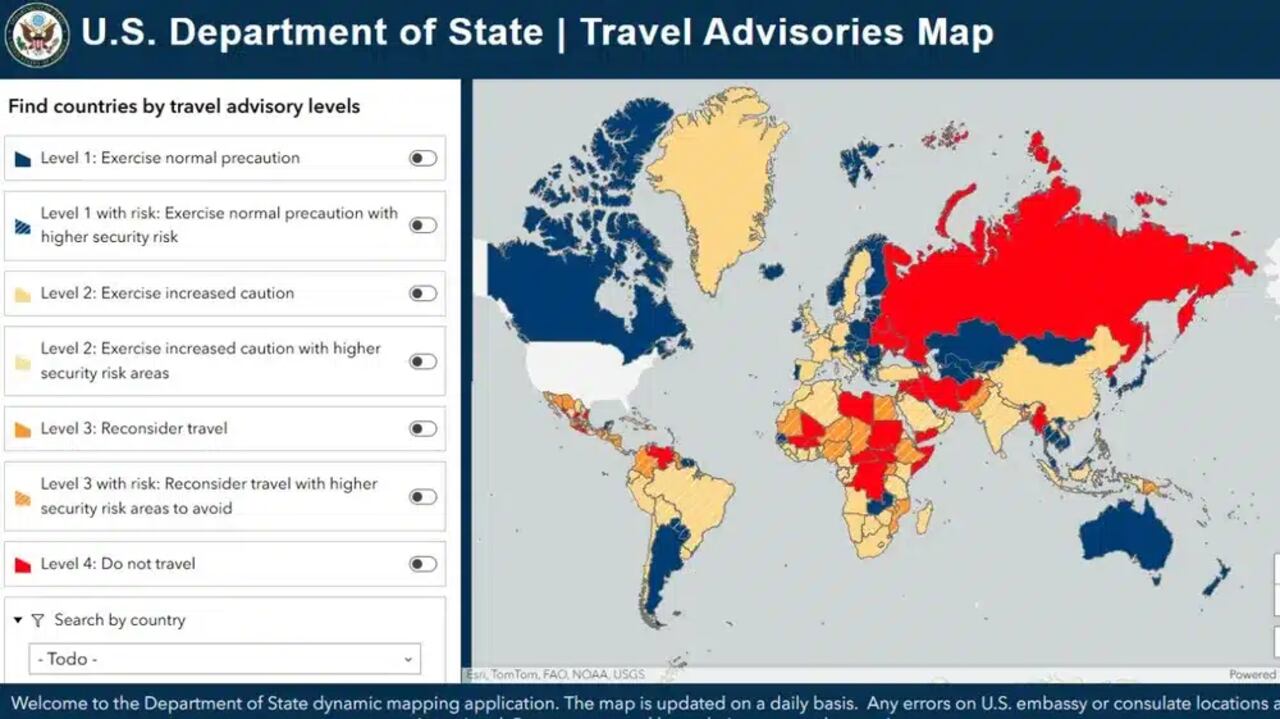 El sistema de alertas delDepartamento de Estadoclasifica los países en cuatro niveles, siendo elNivel 1 el más bajoy elNivel 4 el más alto.