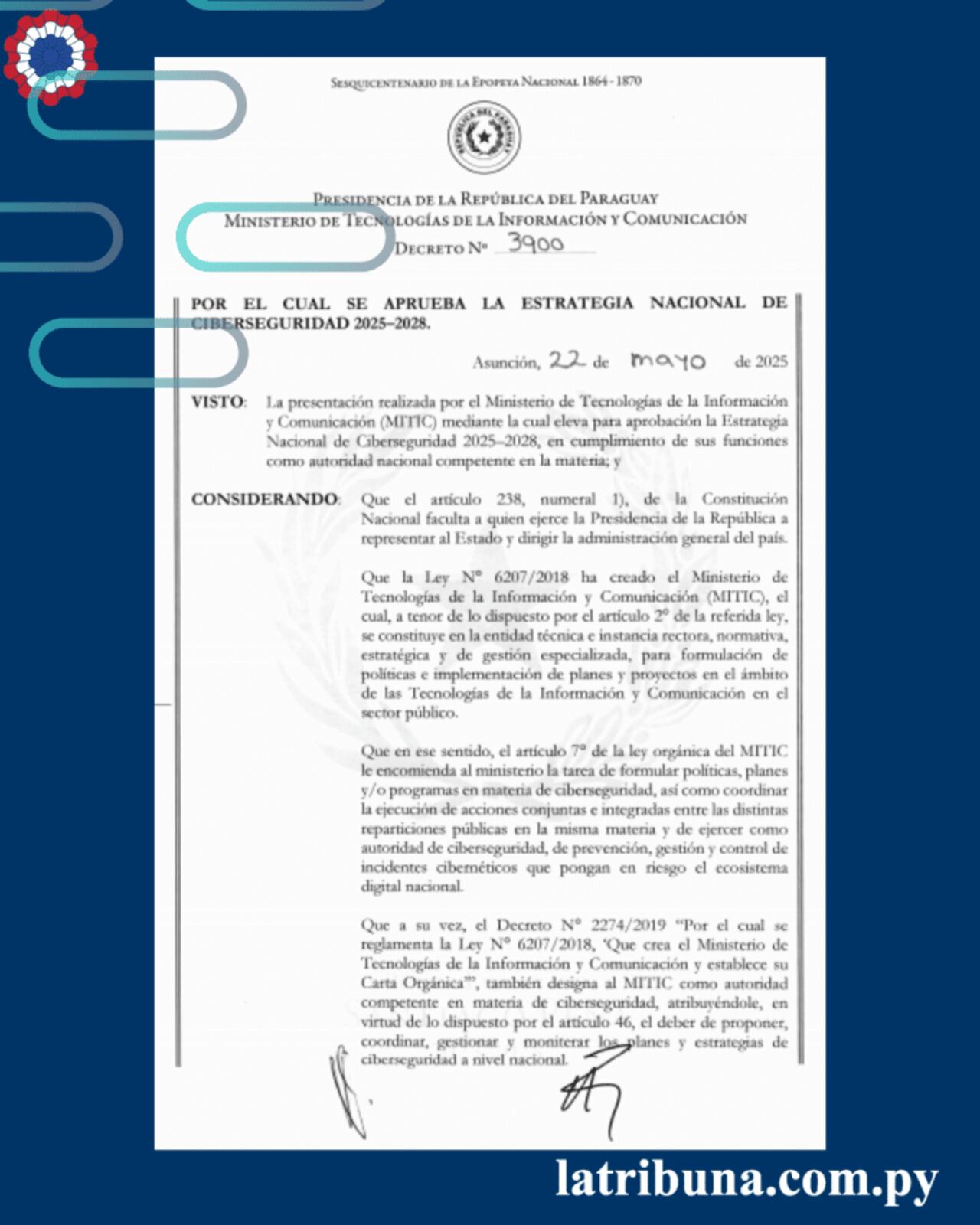 El plan será implementado por el Mitic, enreemplazo del Decreto N.º 7052/2017, que había establecido el anterior Plan Nacional de Ciberseguridad e integrado la Comisión Nacional de Ciberseguridad.