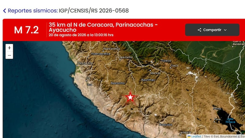 Captura de pantalla tomada de la pagina oficial del Instituto Geofísico del Perú que muestra el lugar del epicentro del terremoto de magnitud 7,2 ocurrido hoy en la región andina de Ayacucho, en el sur de Perú.