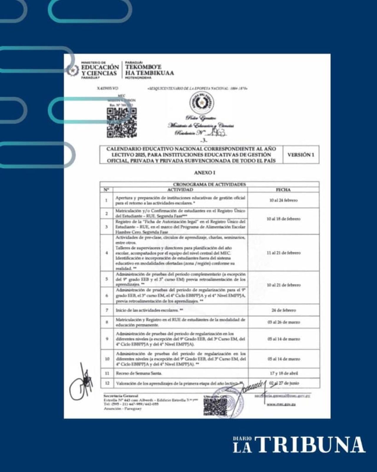 Calendario de la primera etapa lectiva.