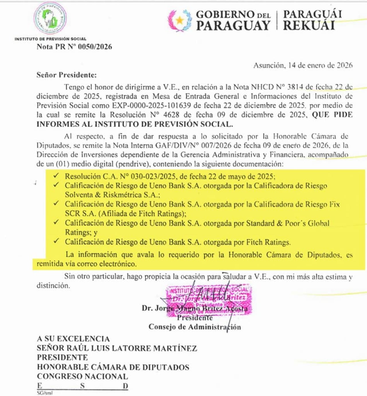 El IPS respondió al Congreso sobre el tema ueno bank SA remitiendo varias evaluaciones dela entidad bancaria realizadas por reconocidas calificadoras de riesgo.