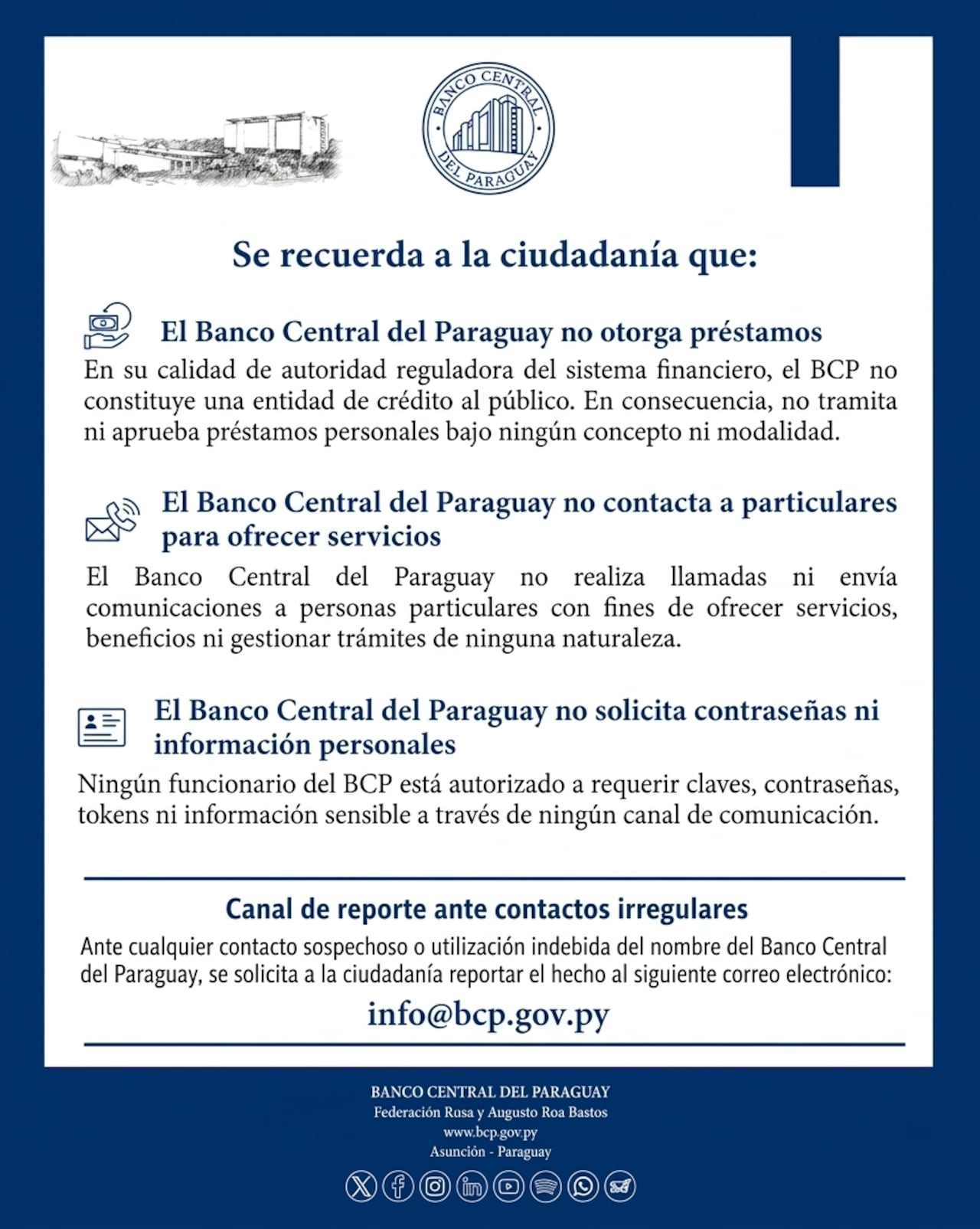 El Banco Central advierte a la ciudadanía sobre estas prácticas.