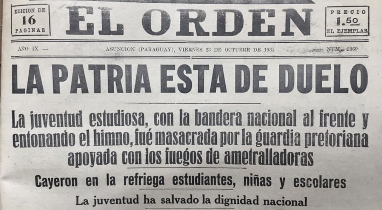 El diario “El Orden”, opositor al gobierno de Guggiari, presentó de esta manera los hechos del 23 de octubre.