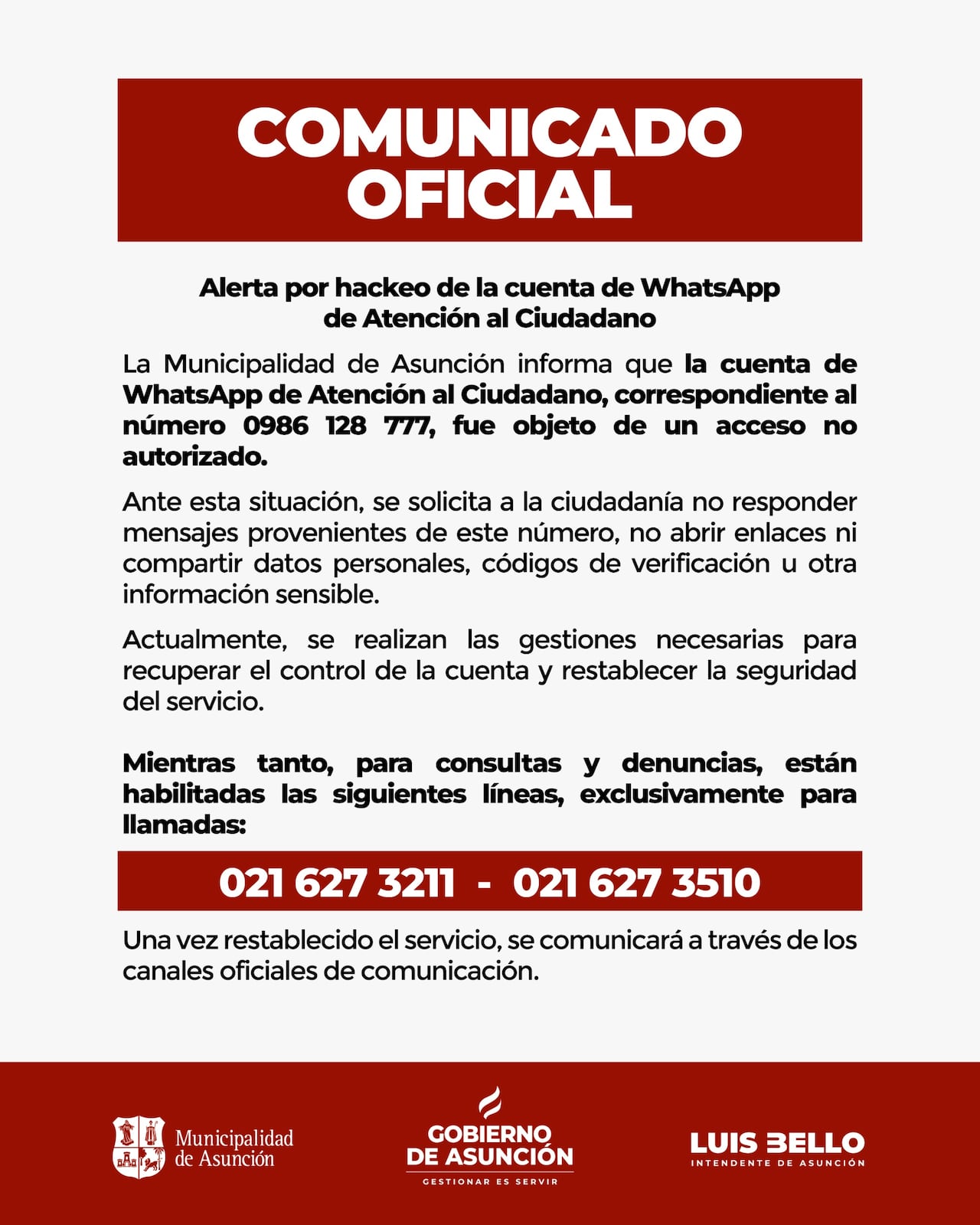 Este fue el comunicado difundido por la Comuna capitalina.