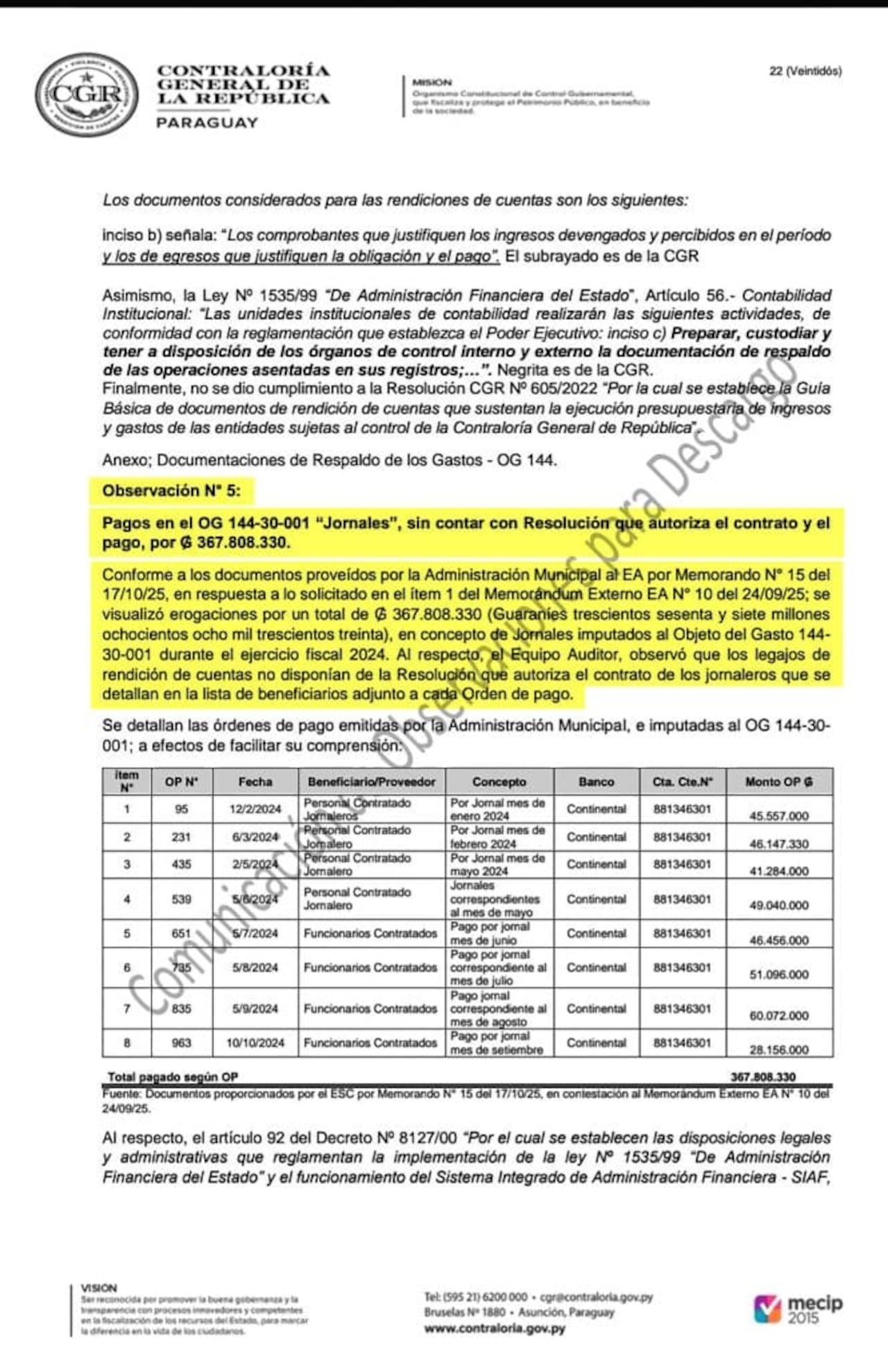 Facsímil de una de las páginas del informe de la auditoría donde la Contraloría indica susobservaciones.