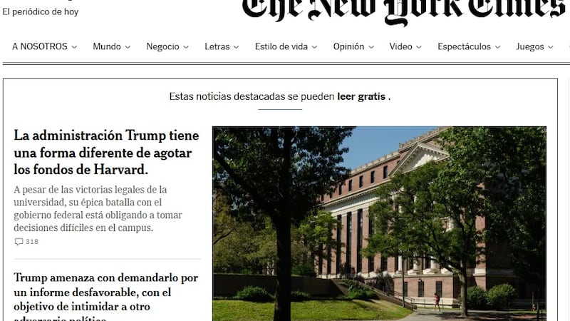 Portada del periódico estadounidense The New York Times, que fue premiado por la SIP con el galarón "Gran Premio a la Libertad de Prensa 2026".