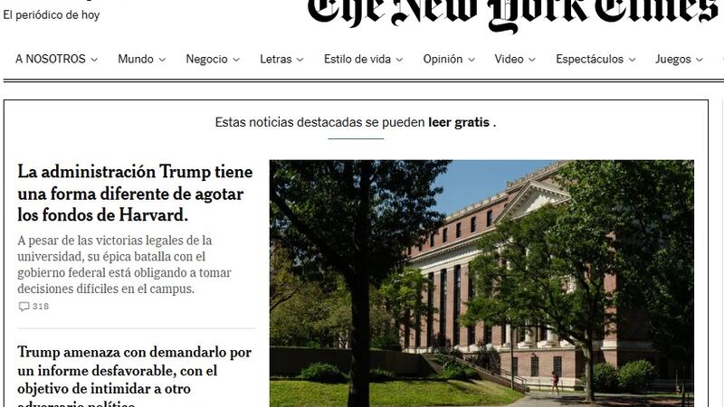 Portada del periódico estadounidense The New York Times, que fue premiado por la SIP con el galarón "Gran Premio a la Libertad de Prensa 2026".