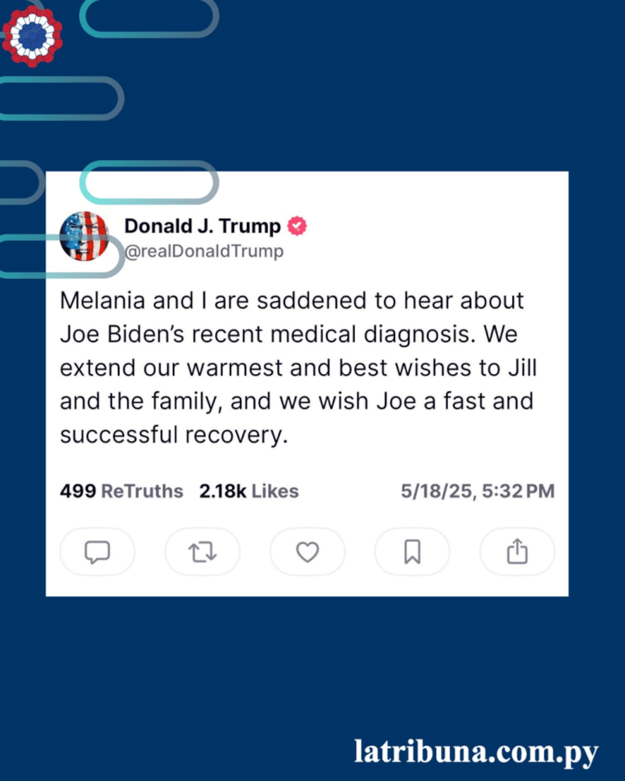 Trump escribió que él y su esposa Melania están entristecidos por la noticia y que desean a Biden una pronta y exitosa recuperación.