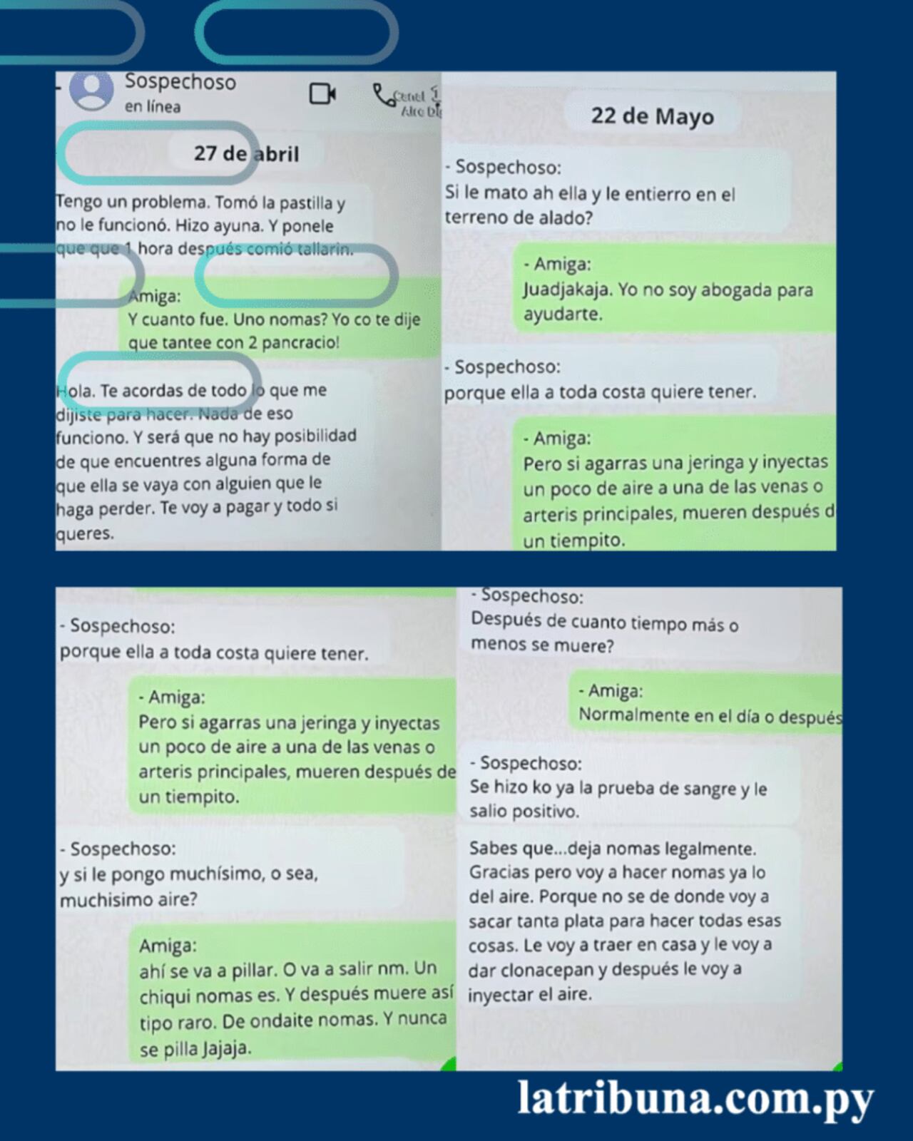 Chats entre el menor imputado como autor y su presunta cómplice, la joven de 19 años.