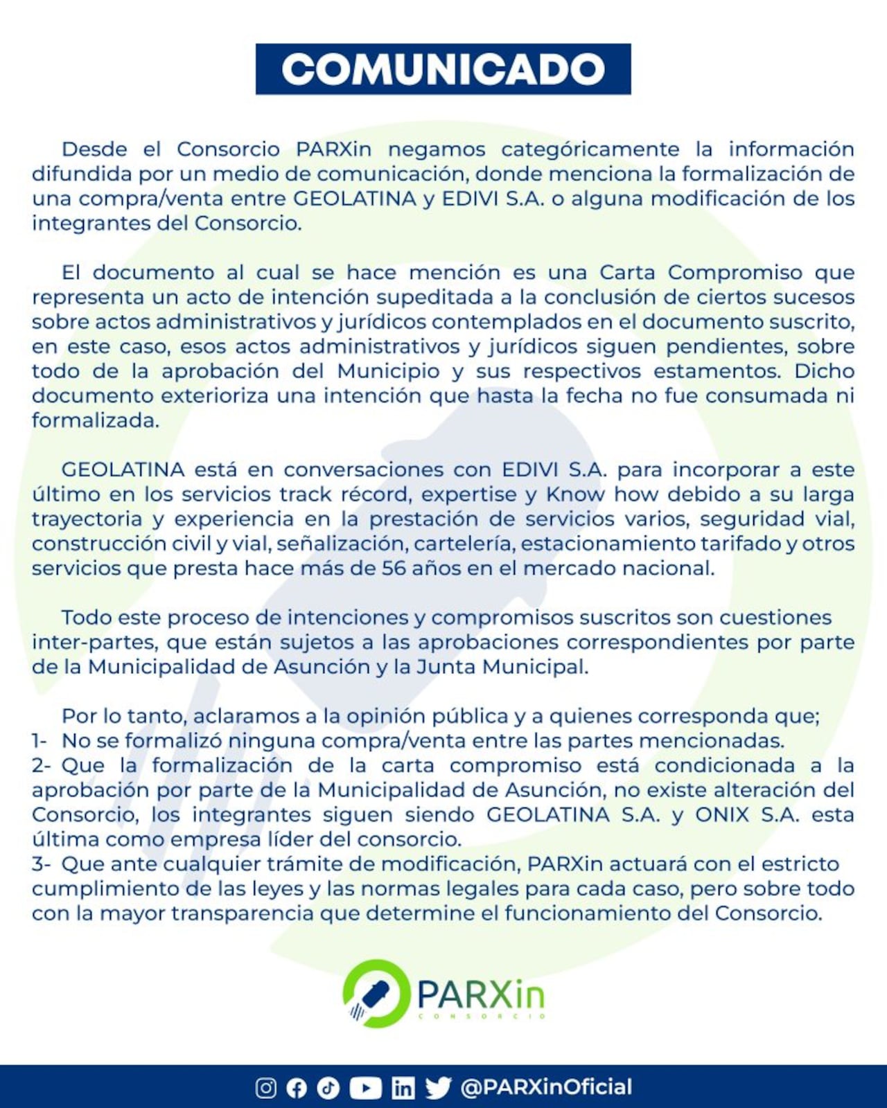 Comunicado de PARXin en el que admite existencia de "carta compromiso" con EDIVI S.A.
