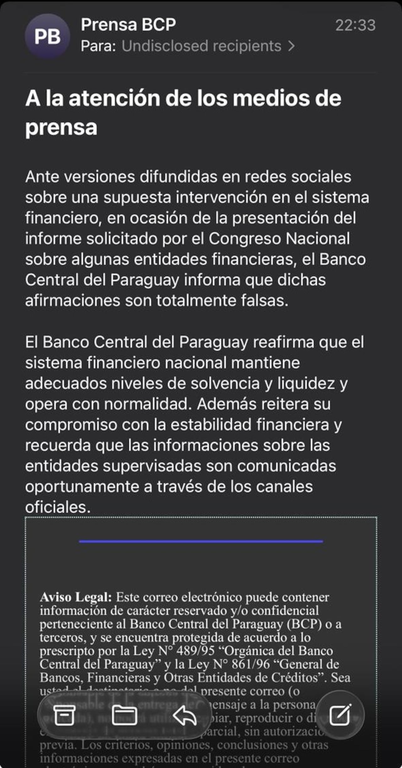 El Banco Central del Paraguay envío un comunicado a los medios de prensa.