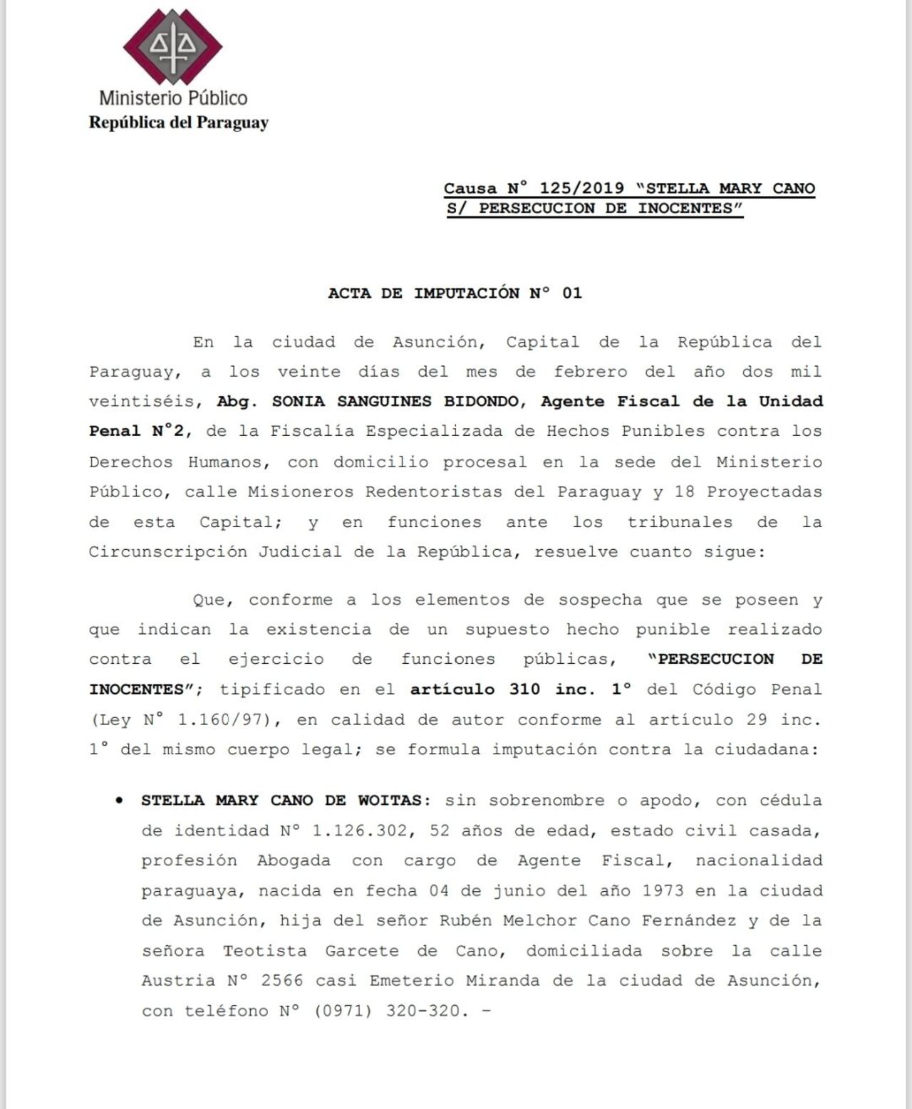 Facsímil de la imputación presentada por la fiscala Sonia Sanguinés contra su colega Stella Mary Cano.