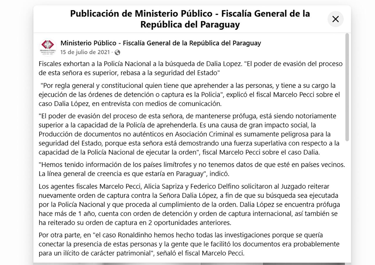 Facsímil: Un informe del Ministerio Público sobre declaraciones del exfiscal Marcelo Pecci sobre Dalia López, a un año de estar prófuga.