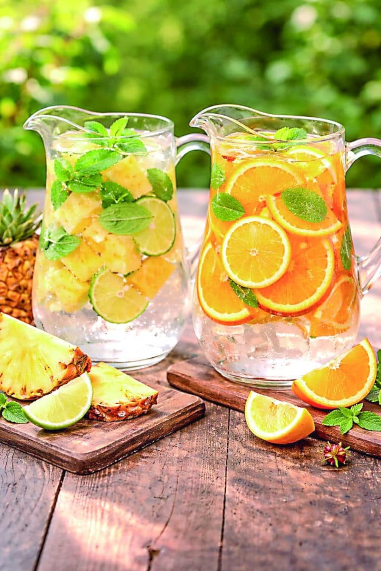 Aguas saborizadas con piña o naranjas.