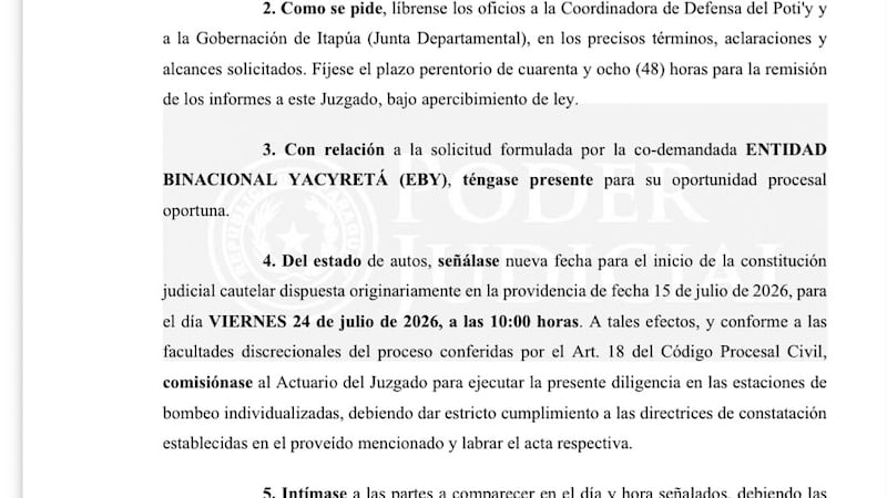 El Juzgado dispuso la constitución judicial en las estaciones de bombeo del sistema de alcantarillado de Encarnación para mañana, viernes, en una causa de Amparo Constitucional promovido contra EBY y ESSAP.