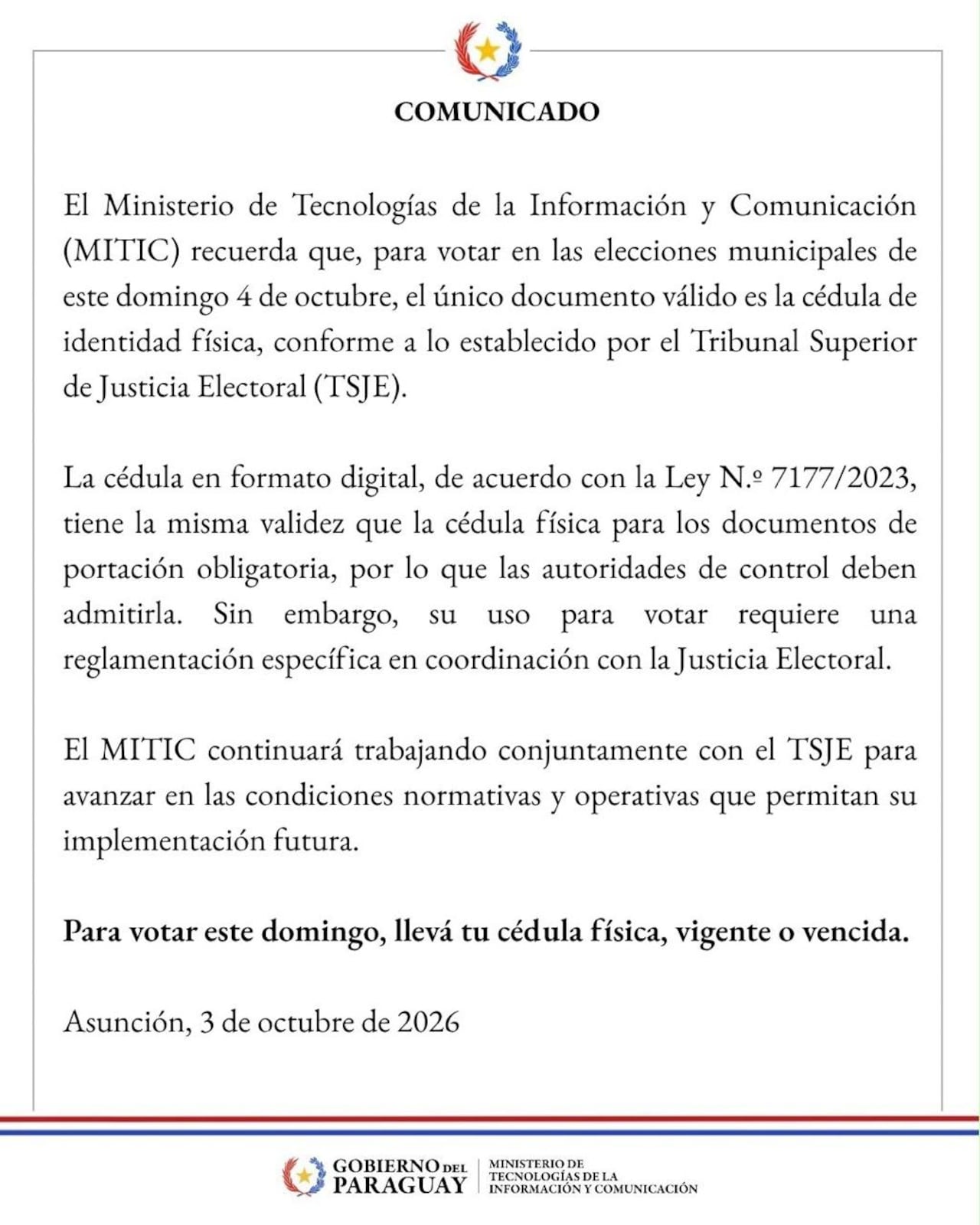 El MITIC recordó que se sigue avanzando en dicha reglamentación para que en próximas elecciones ya se pueda utilizar la cédula digital.