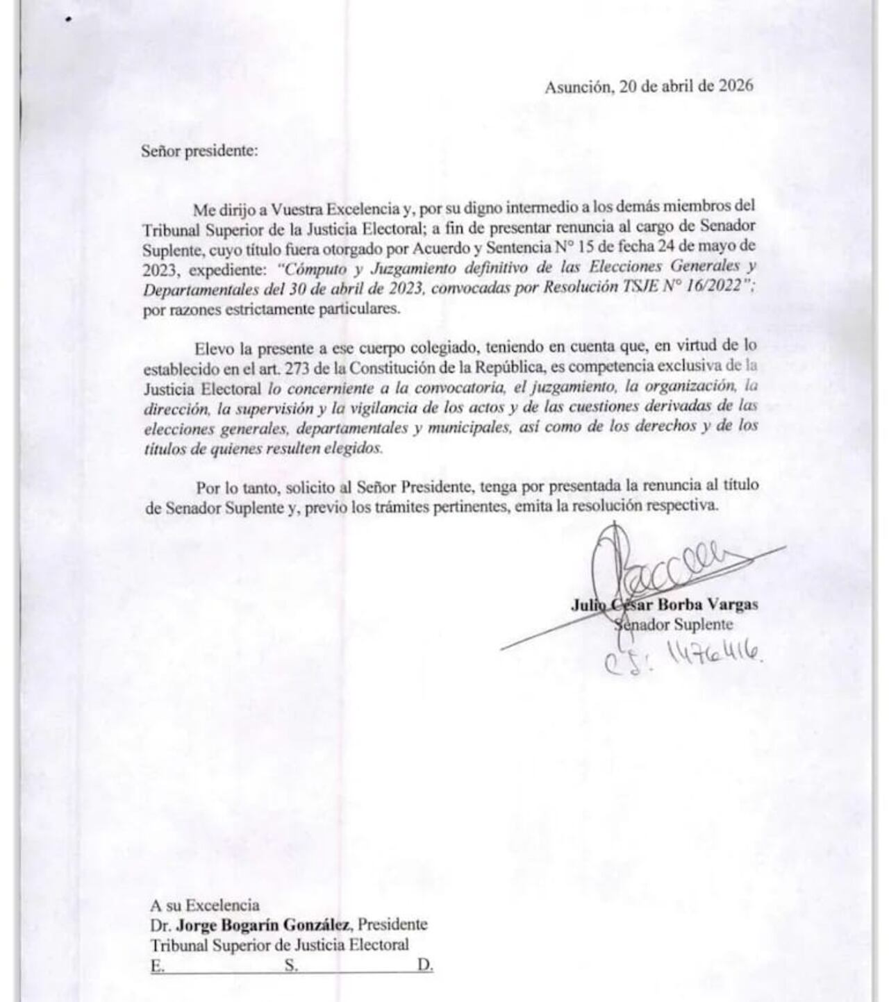 Nota de renuncia del exministro de Salud Julio Borba.