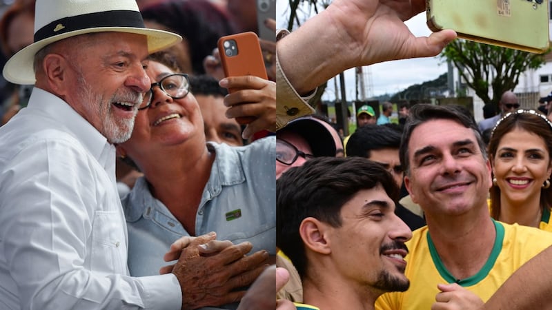 El presidente Luiz Inacio Lula da Silva (i) y el senador Flávio Bolsonaro (d), ambos durante un acto de campaña, de cara a las elecciones del domingo 4 de octubre.