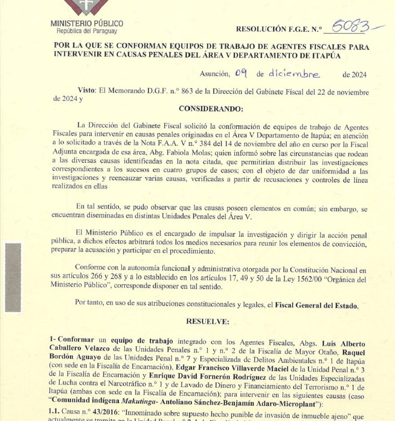 Resolución5083de la FGE que designa equipo de fiscales y asigna las causas a investigar.
