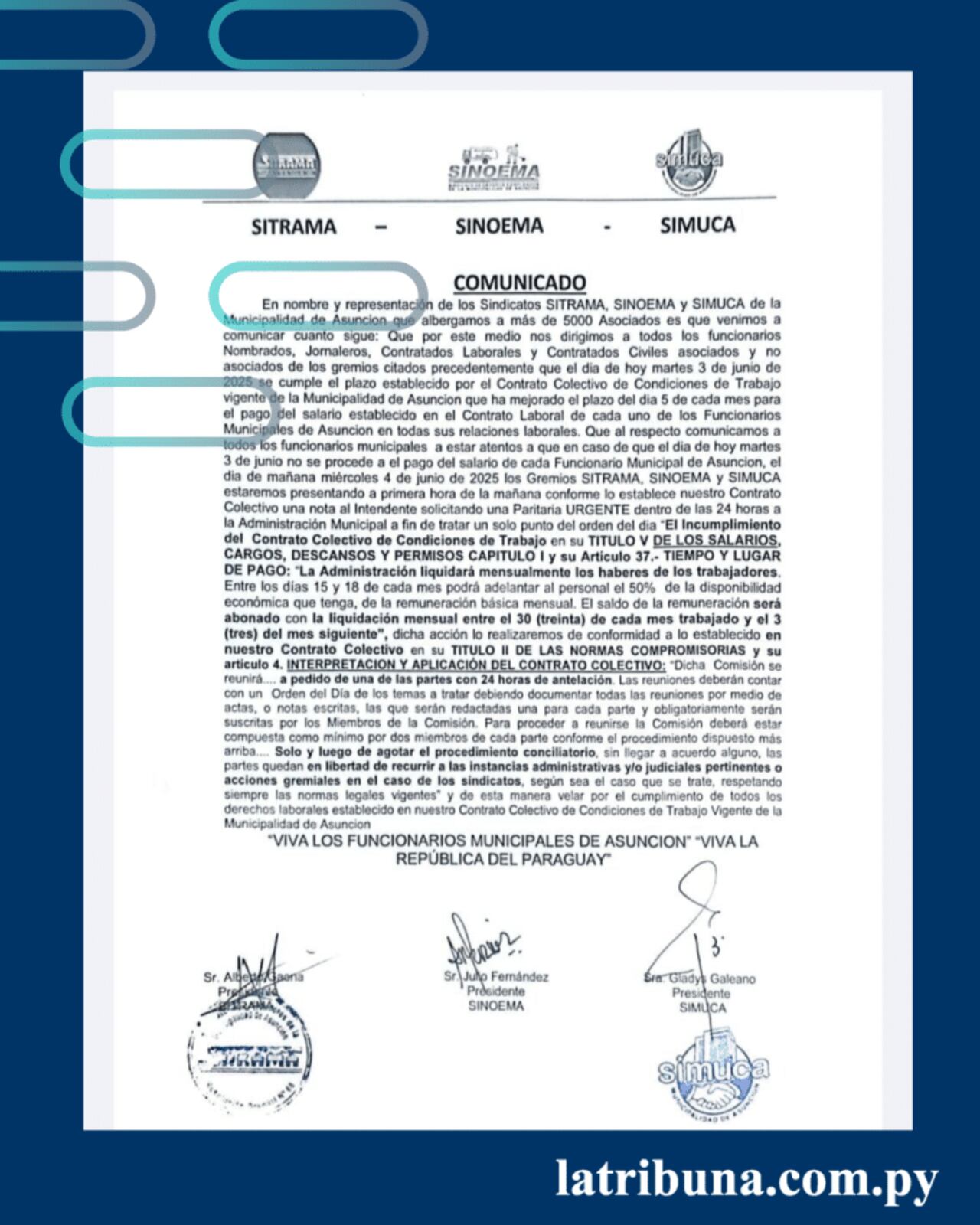 Comunicado de los sindicatos que acompañan la protesta.