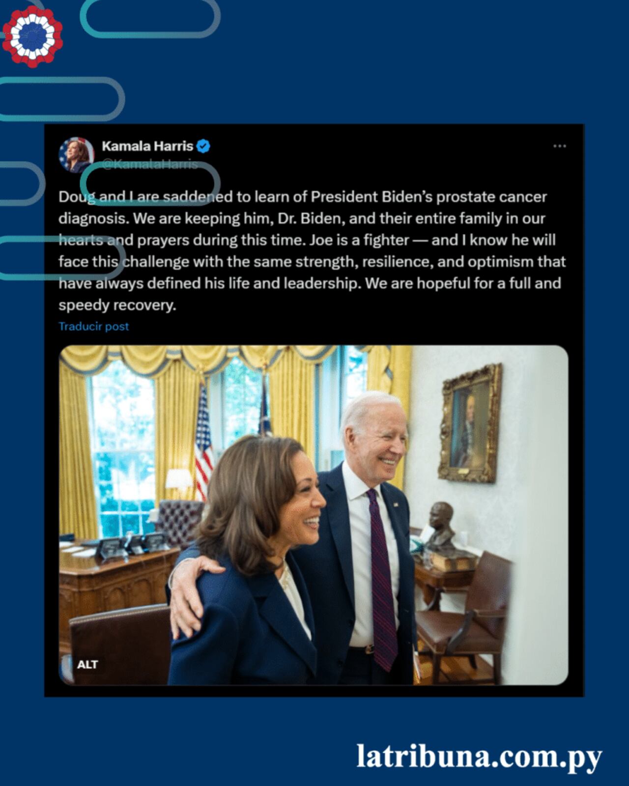 "Doug y yo estamos tristes al enterarnos del diagnóstico de cáncer de próstata del presidente Biden. Lo tenemos presente, al Dr. Biden y a toda su familia en nuestros corazones y oraciones durante este momento. Joe es un luchador, y sé que afrontará este desafío con la misma fuerza, resiliencia y optimismo que siempre han definido su vida y liderazgo. Esperamos una pronta y completa recuperación"