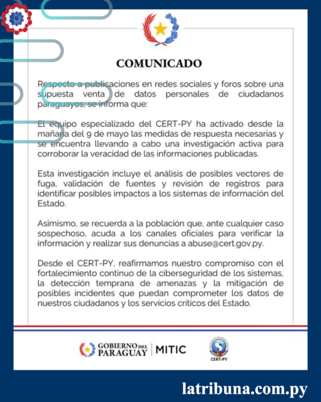 Comunicado actual sobre la supuesta filtración de datos.