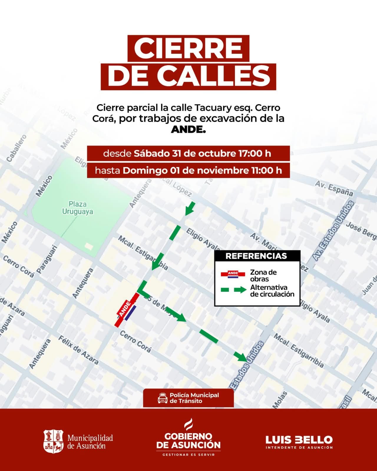 La medida obedece a trabajos programados de excavación e infraestructura a cargo de la ANDE.