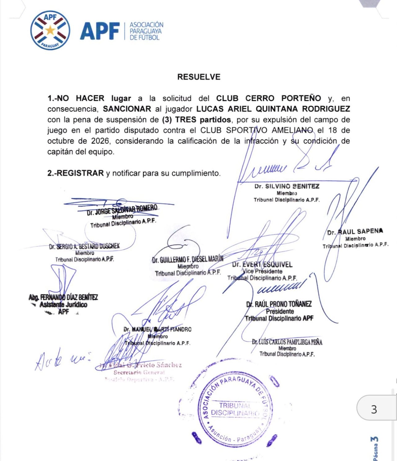 Parte de la resolución del Tribunal Disciplinario de la APF, sobre el caso Lucas Quintana (Cerro Porteño).