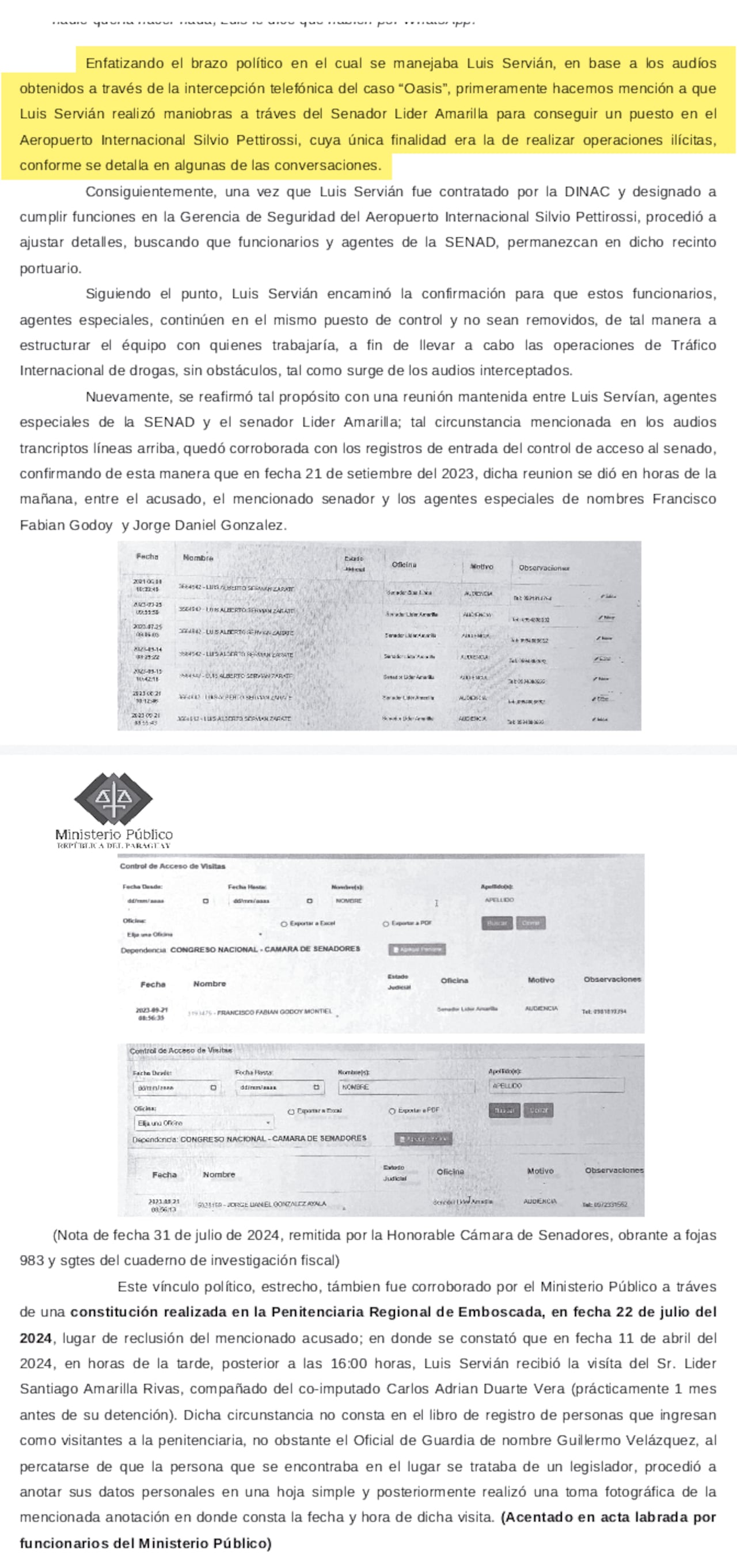 Gran parte de la acusación del Ministerio Público menciona al senador Líder Amarilla.