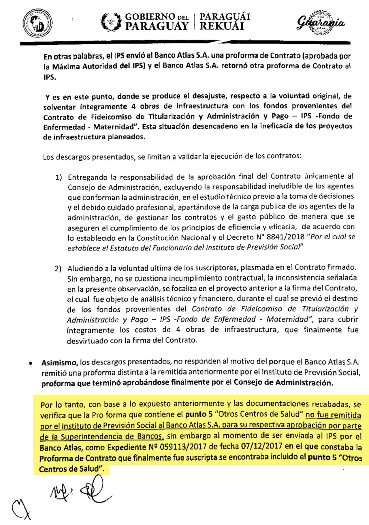 Parte del informe final de Auditoría Interna del IPS donde se observa que la inclusión del “Punto 5 Otros centros de salud” provino del banco Atlas y no de la previsional