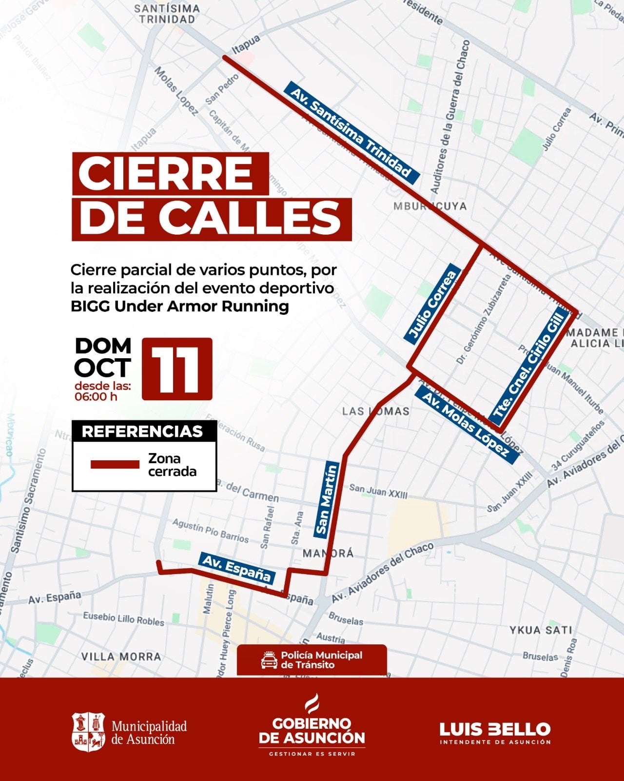 Anuncian cierre de avenidas en Asunción este domingo por corridas deportivas