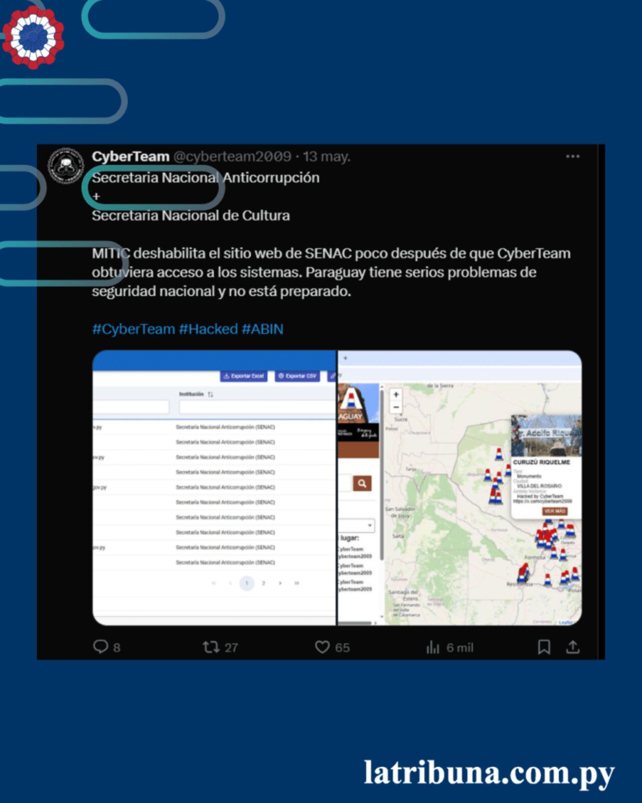 Posteos de Cyberteam en la red social X, afirmando que son los responsables del hackeo a instituciones gubernamentales de Paraguay.