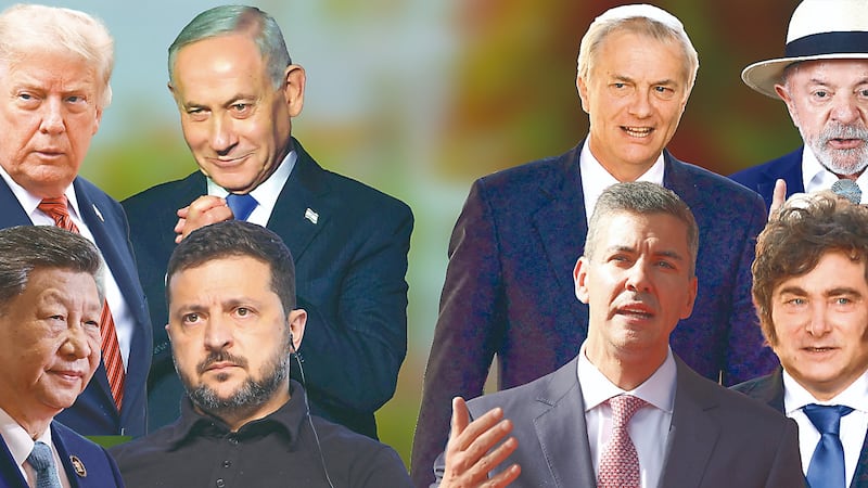 Combo de fotografías de presidentes y primeros ministros: Donald Trump (EEUU), Benjamin Netanyahu (Israel), Xi Jinping (China), Volomimir Zelenski (Ucrania), José Antonio Kast (Chile), Lula da Silva (Brasil), Santiago Peña (Paraguay) y Javier Milei (Argentina).