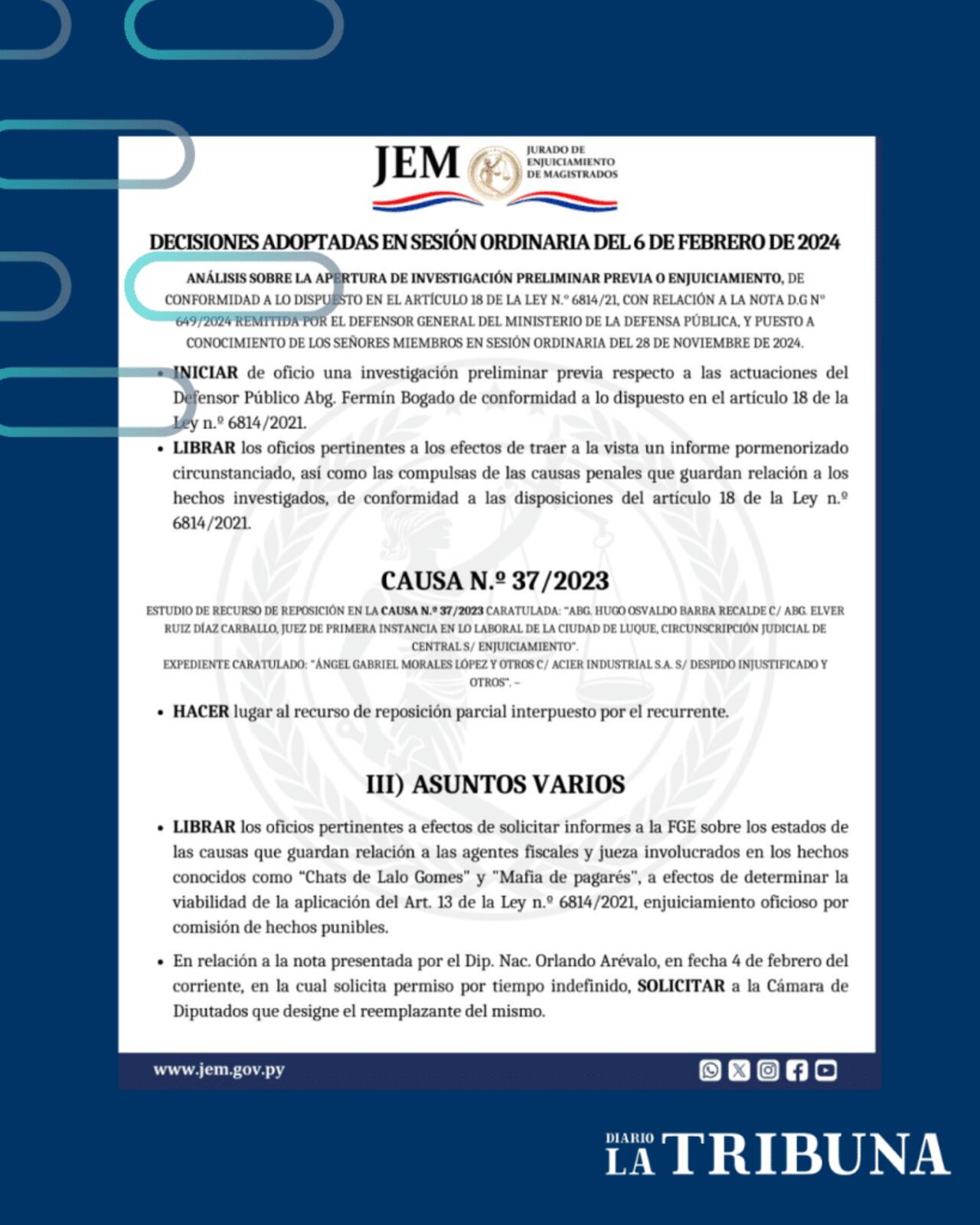 Determinaciones del JEM tras la sesión de hoy jueves.