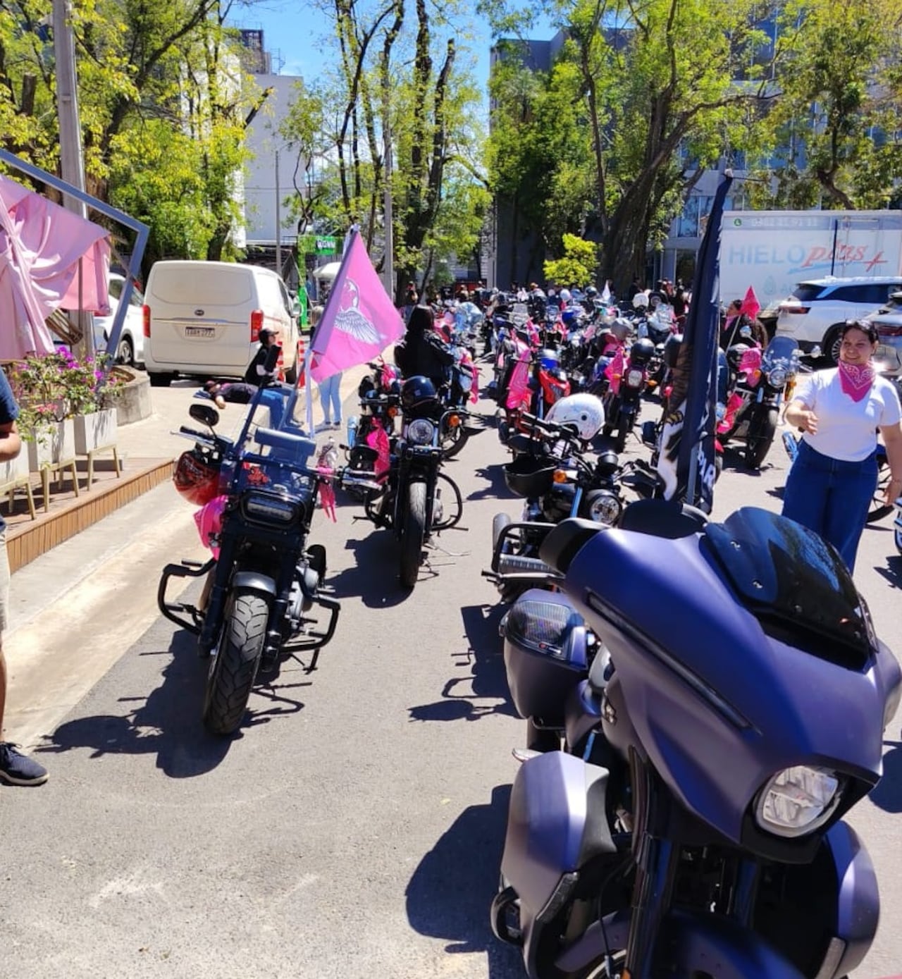 Las motos llevaron distintivos rosa, ícono de la causa.