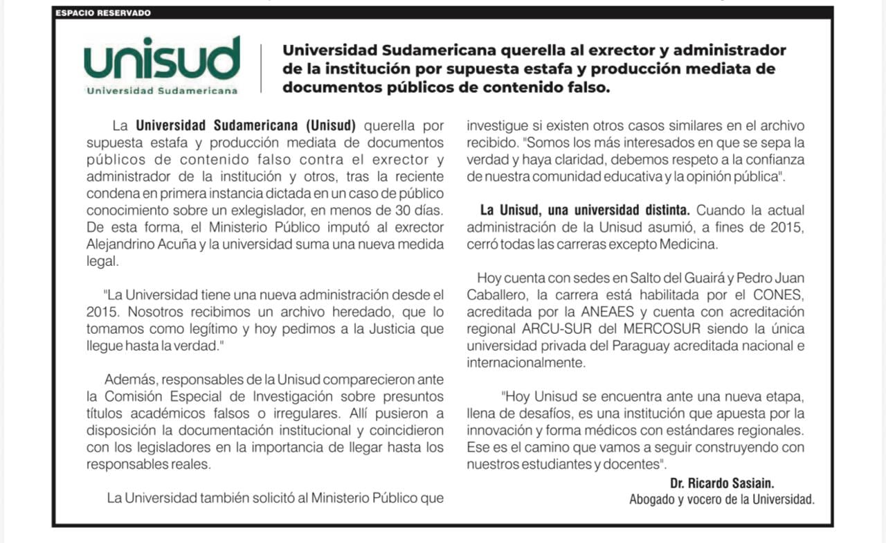 Este es el comunicado emitido por las autoridades de la Unisud.