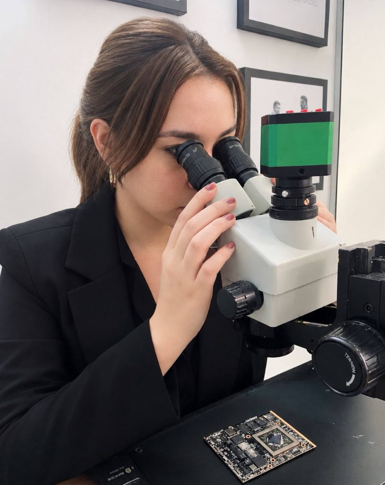 La ingeniera Yanine Mendoza realiza la inspección de una placa electrónica en el laboratorio.