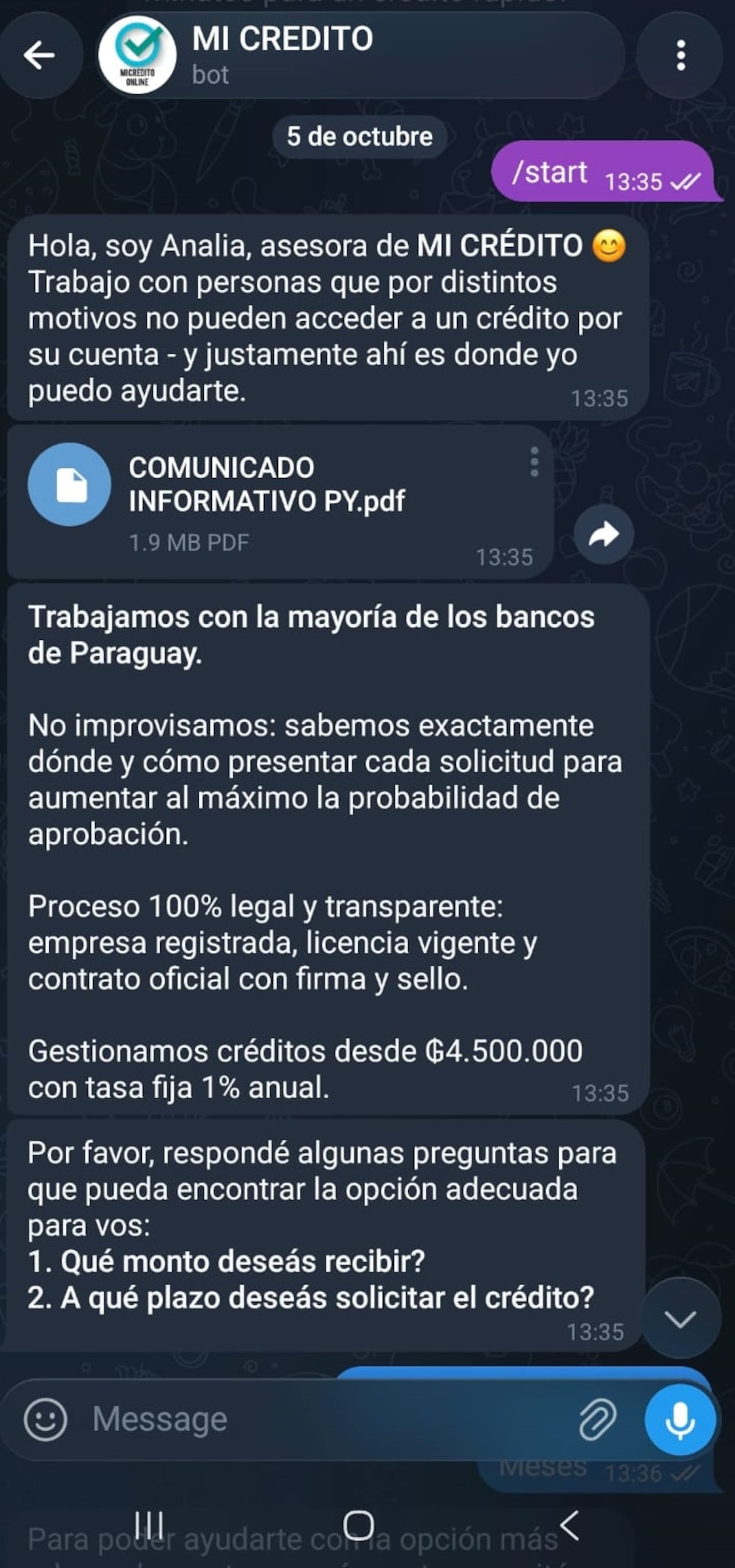 El enlace te lleva directo a Telegram donde empieza el trámite