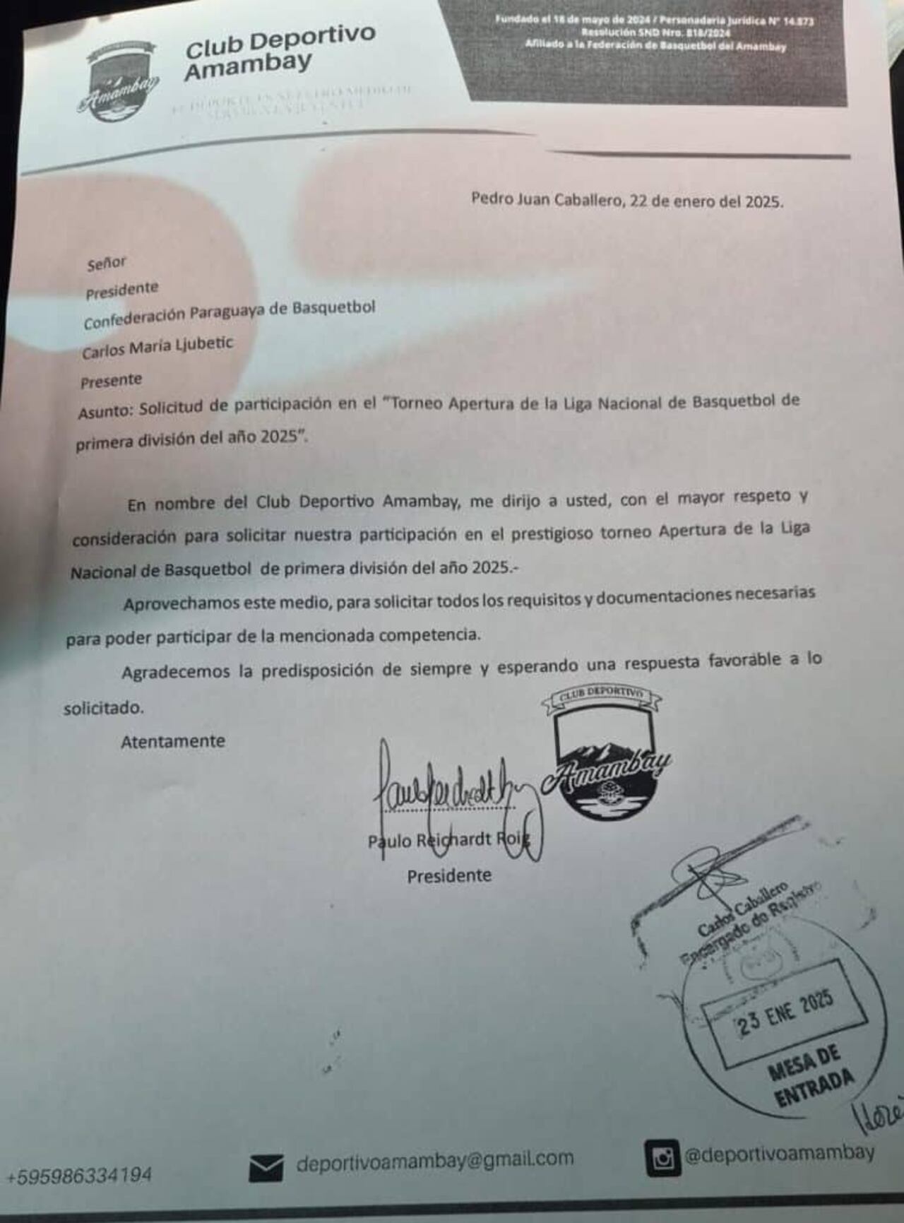 Nota oficial del Club Deportivo Amambay a la CPB solicitando el ingreso a la próxima Liga.
